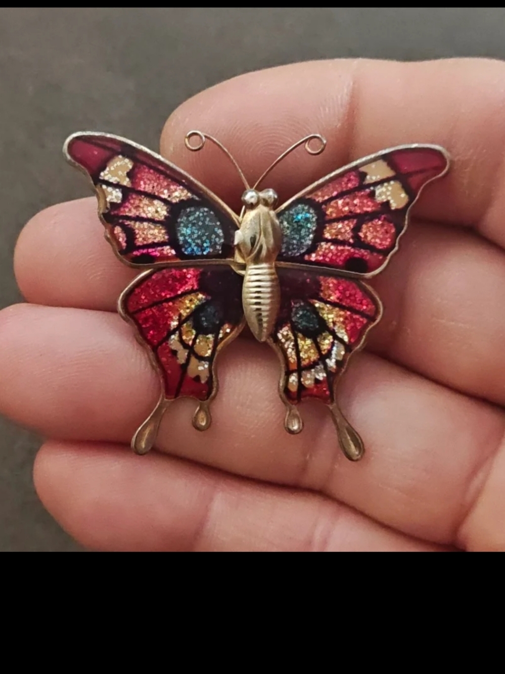 1970s Gold Tone Butterfly With Enamel & Glitter Accents Brooch